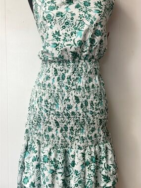Smocked White Midi Dress with Green Floral Print